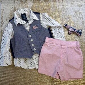 NAUTICA Baby Boys 4-Piece Blue White Pink Bow Tie Vest Shorts Outfit 18 Month